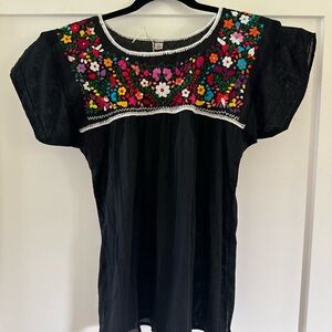 Vintage Mexican Embroidered Black Floral Women's Top